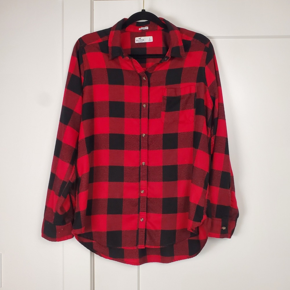 Hollister Flannel Shirt Womens Large Red Black Buffalo Plaid Boyfriend Fit